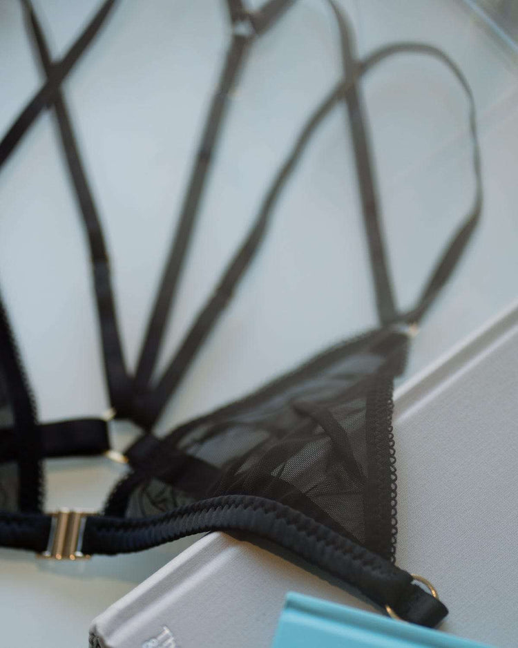 Vivi Leigh London lingerie Black Mesh Triangle Bralette sexy harness luxury lingerie Black Luxury Sexy Triangle Bralette uk sustainable brand