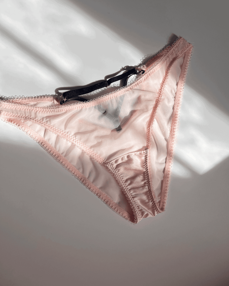 Vivi Leigh London lingerie Blush Pink Mesh Cut-out Briefs sexy harness luxury lingerie Blush Pink Mesh Cut-out Briefs. uk sustainable brand
