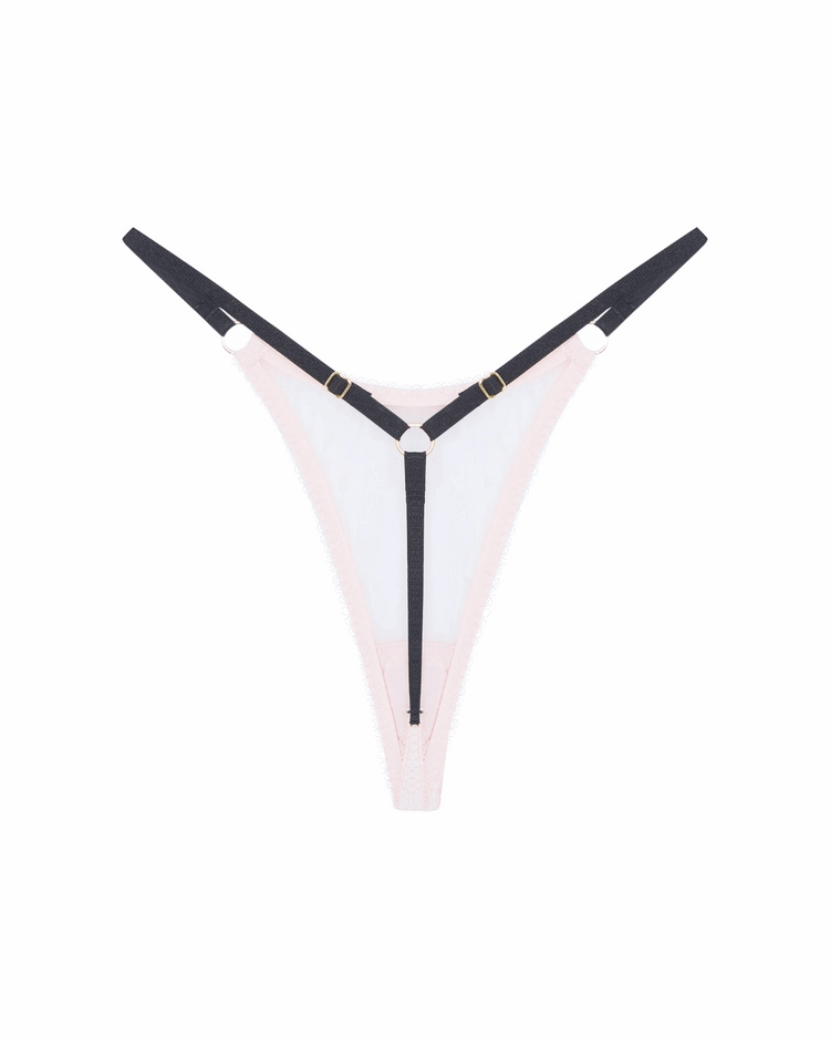 Vivi Leigh London lingerie Blush Pink Mesh Strappy Thong sexy harness luxury lingerie uk sustainable brand