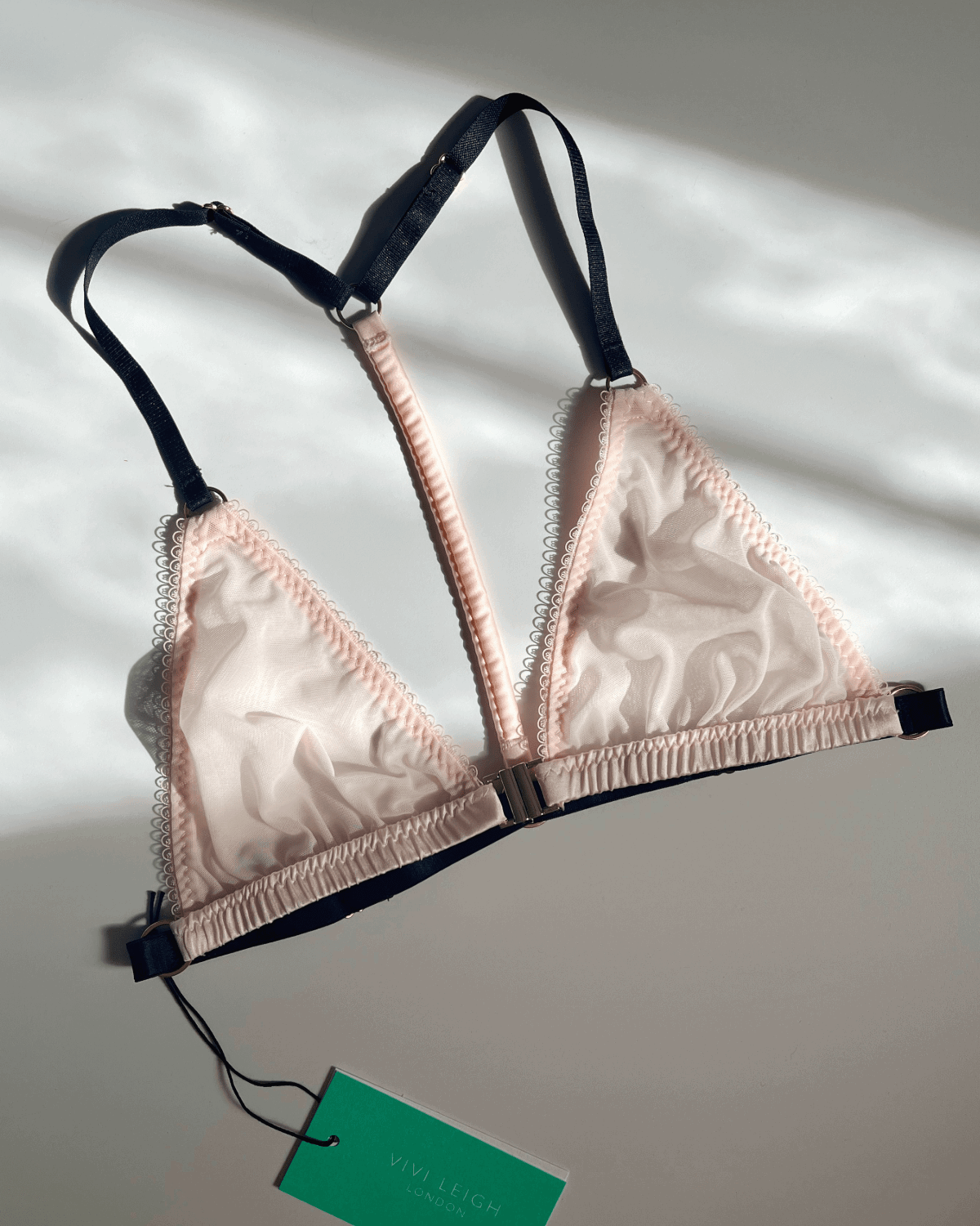 Vivi Leigh London lingerie Blush Pink Mesh Triangle Bralette sexy harness luxury lingerie Blush Pink Luxury Mesh Sexy Triangle Bralette uk sustainable brand