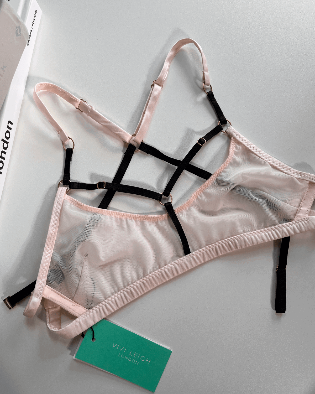 Vivi Leigh London lingerie Luxury Mesh Bralette-Blush Pink sexy harness luxury lingerie Blush Pink Luxury Mesh Sexy Bralette uk sustainable brand