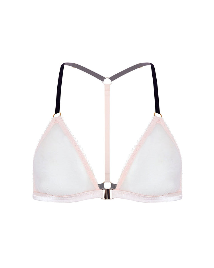 Vivi Leigh London lingerie Blush Pink Mesh Triangle Bralette sexy harness luxury lingerie Blush Pink Luxury Mesh Sexy Triangle Bralette uk sustainable brand