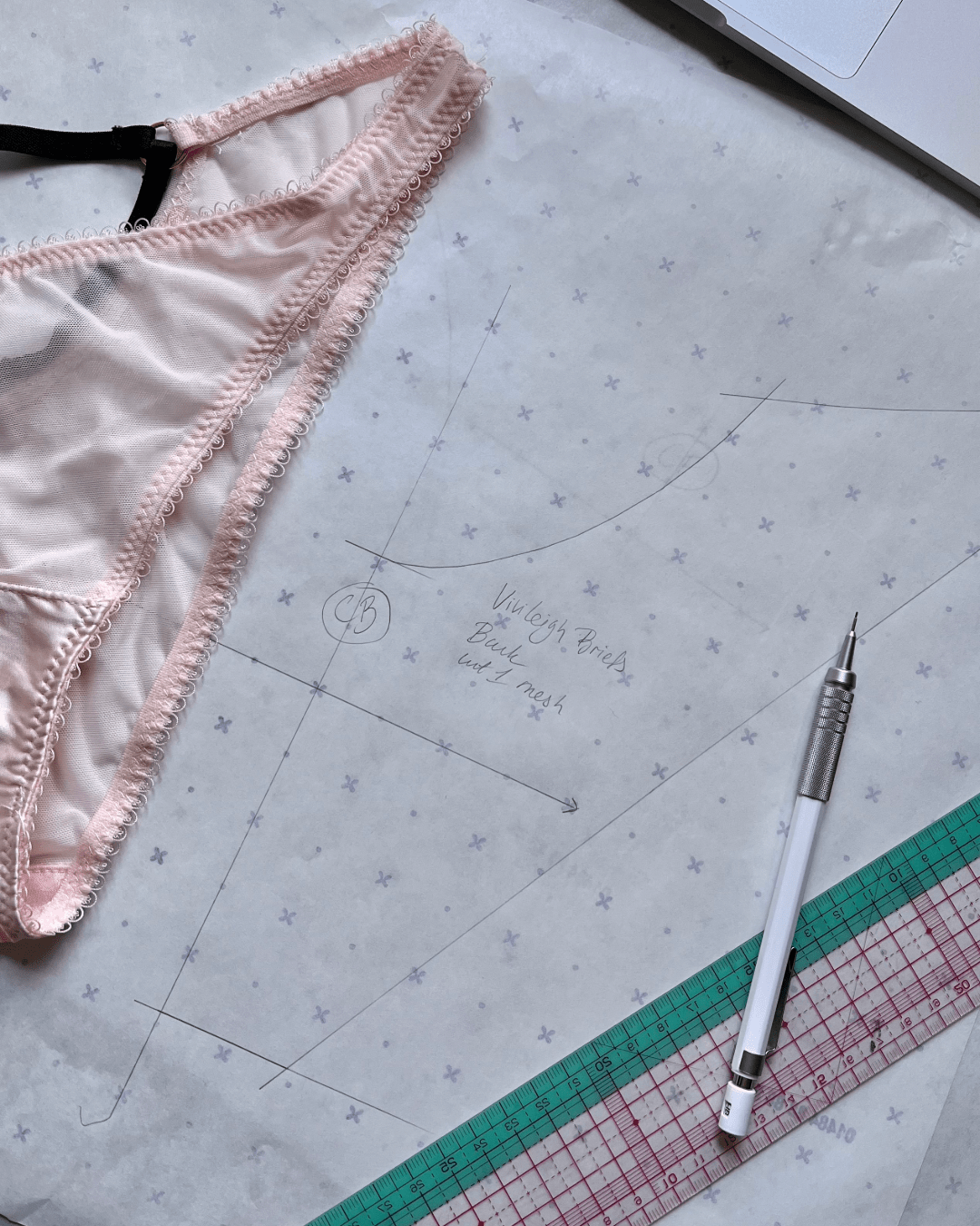 vivi leigh london luxury lingerie development pattern cutting drawing pink sheer silk mesh briefs