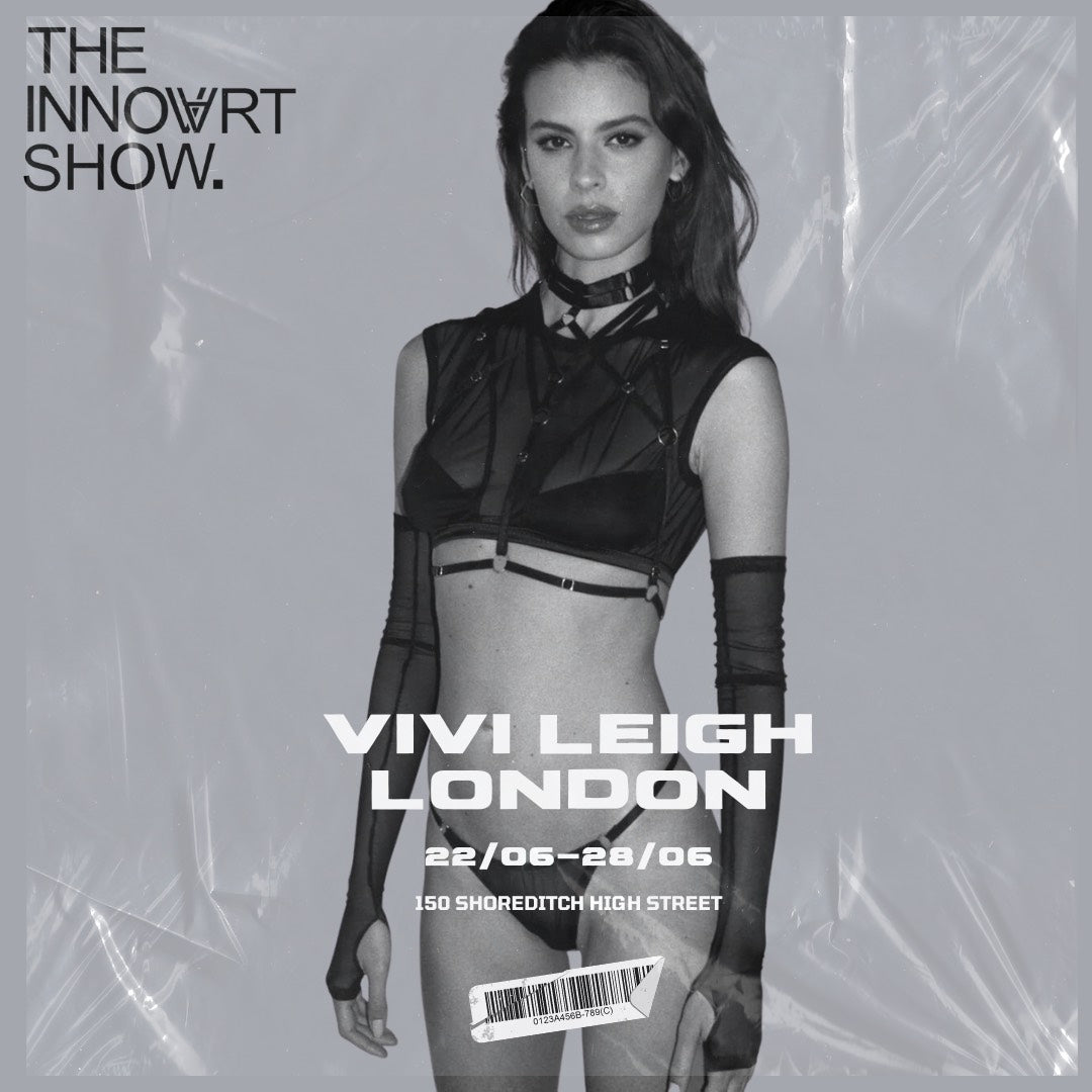 Poster of Vivi Leigh London showcased by the Innovate show in 150 Shoreditch street, London. on 22June-28June 2023. Model wears Black mesh part transparent crop top bralet with long mesh gloves and body elastic harness
