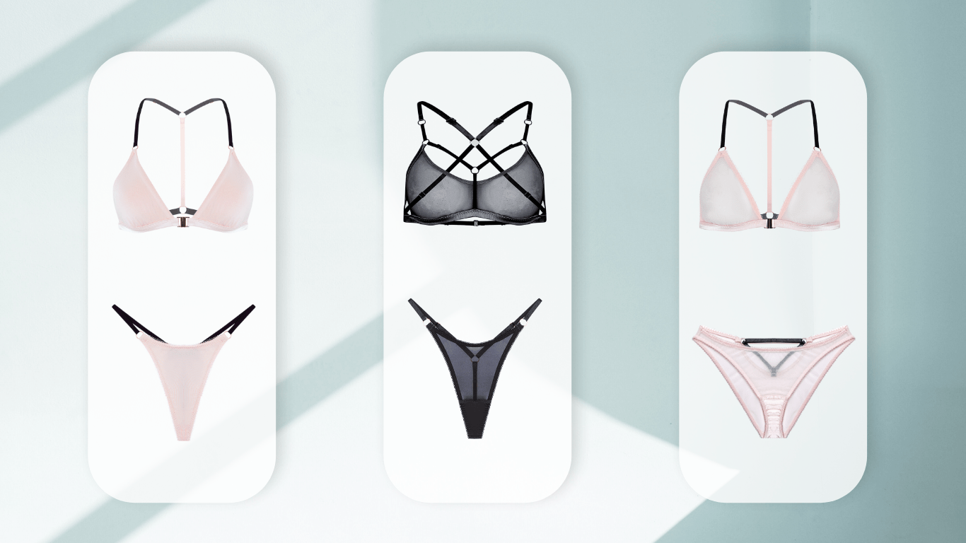 Set of women's lingerie including bras and panties on a light blue background