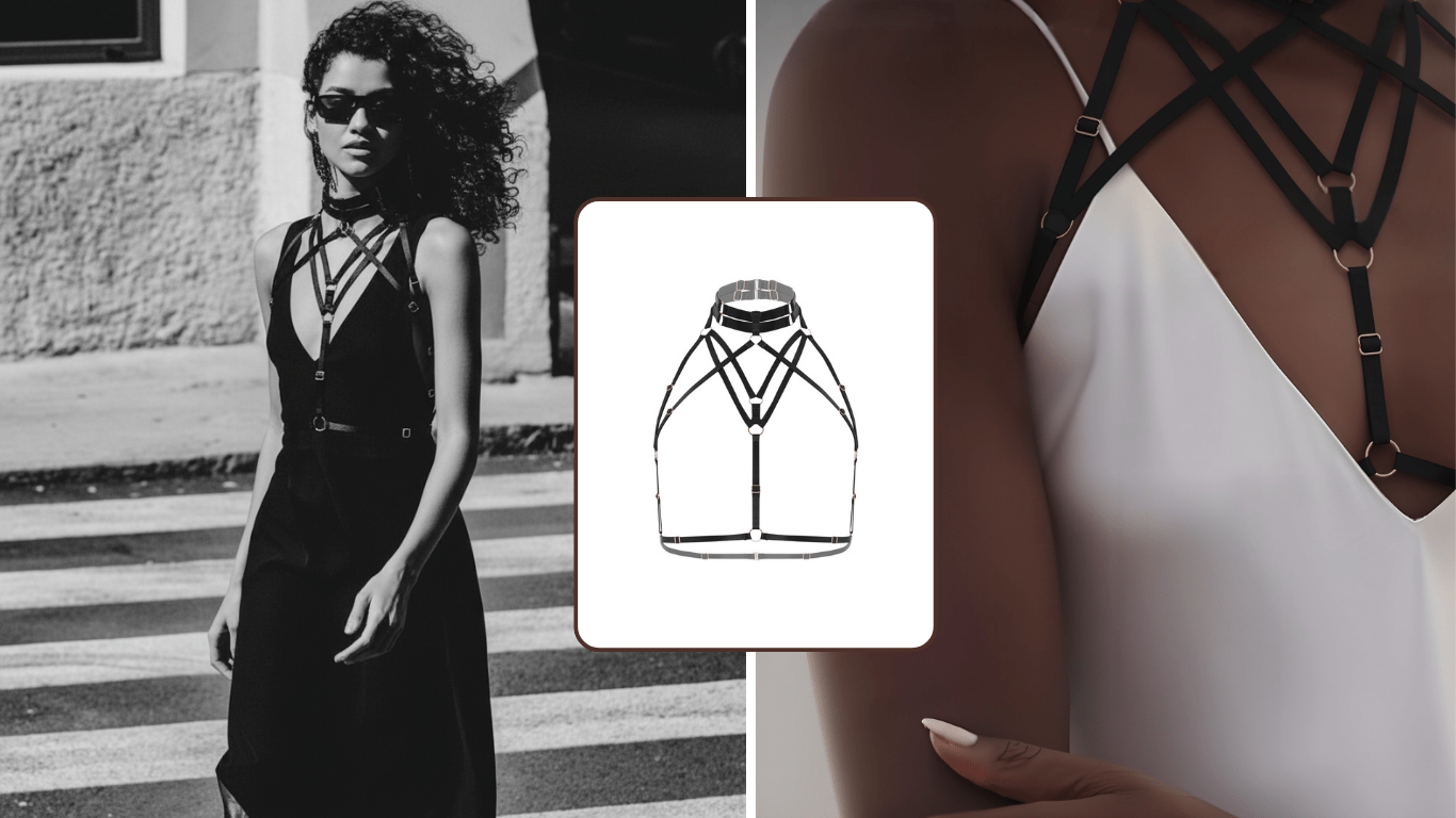 Woman wearing a black dress with a strappy top, close-up of dress design, and another woman in a white dress.