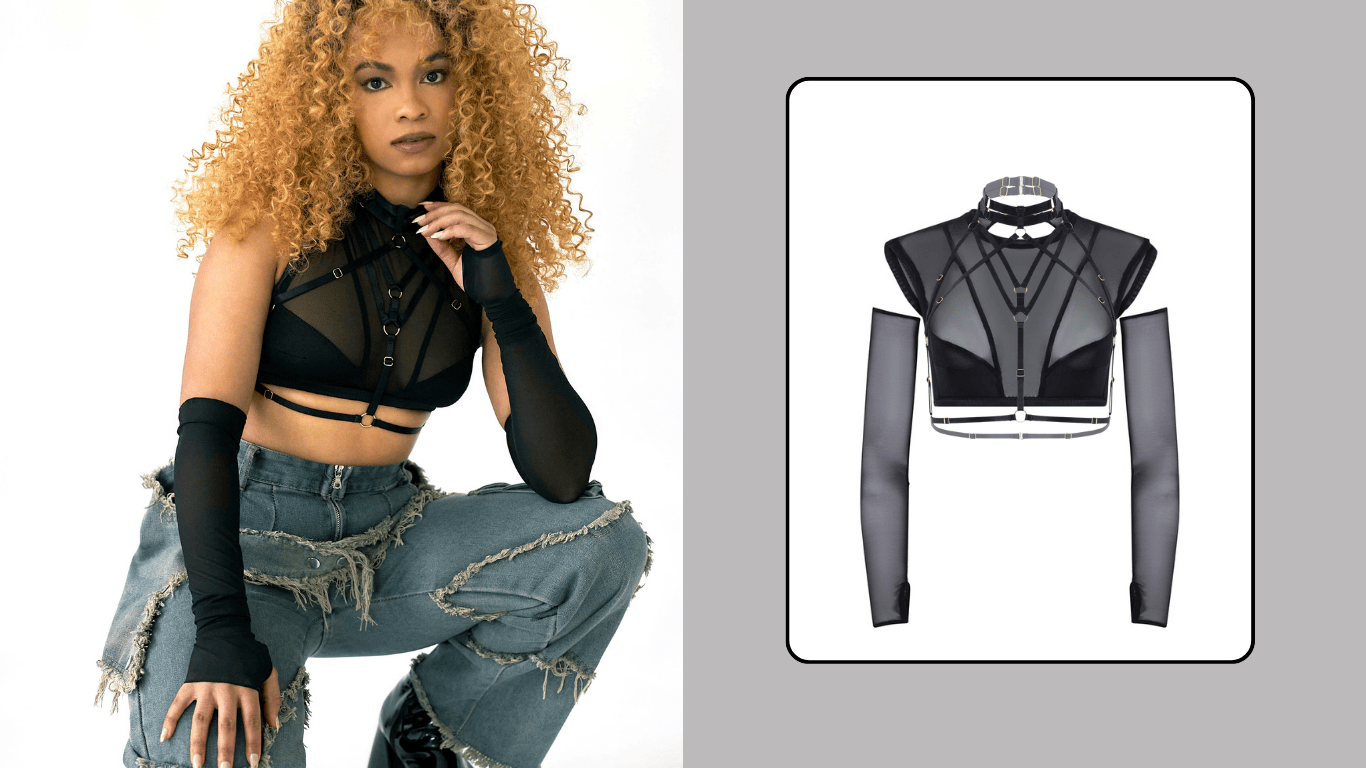 Woman wearing a black sheer top and jeans with an inset showing the top design.