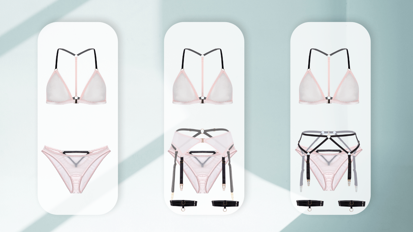 Set of three white card holders with black and pink lingerie on a light blue background