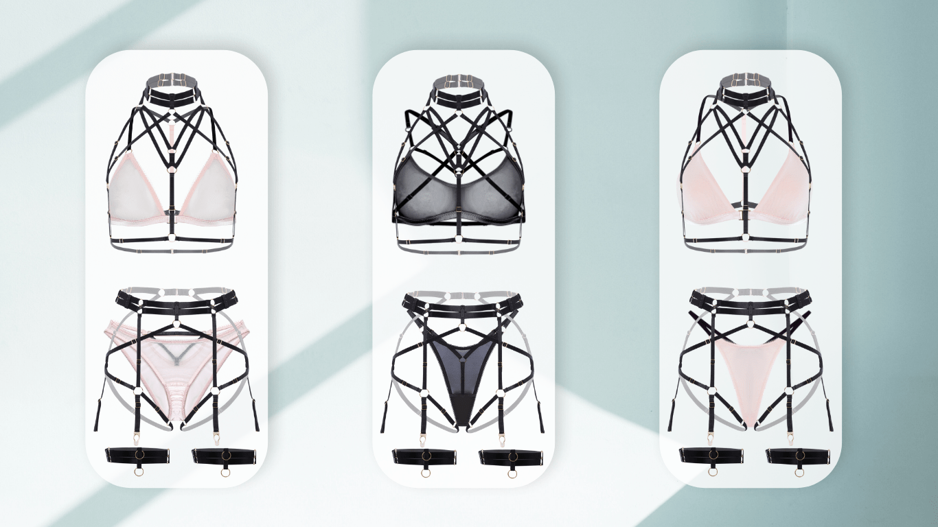 Set of bra and panties packaging on a light blue background