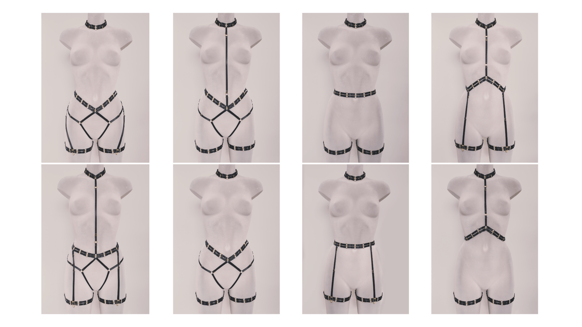 Eight panels show a black strappy harness-style lingerie or costume accessory displayed on white mannequin torsos against a light gray background. The harnesses vary in design, with different placements of straps and waist bands, but all are shown front-facing on mannequins rather than worn by a person.