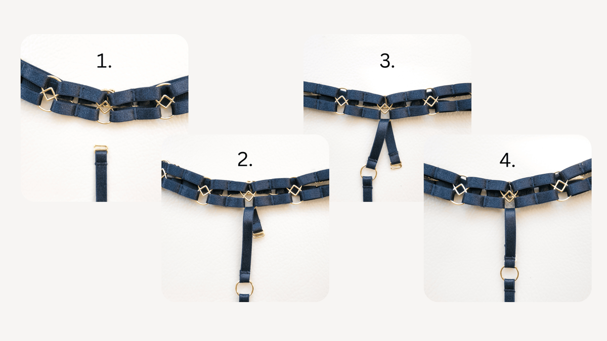 Four numbered inset diagrams showing how to wear or style a black chain strap accessory with gold-tone hardware, likely a choker or belt-style jewelry piece, on a light gray background.