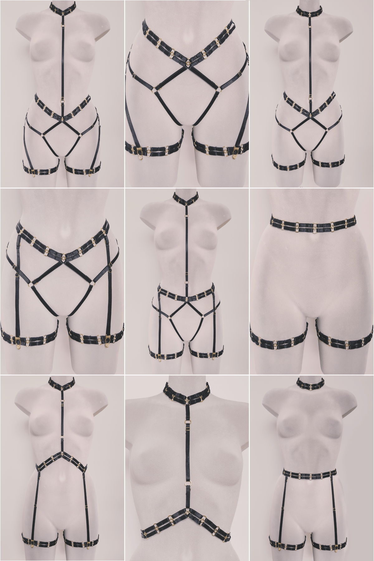 A 3x3 grid showing nine views of a black strappy harness-style lingerie or costume garment displayed on white mannequins against a light gray background.