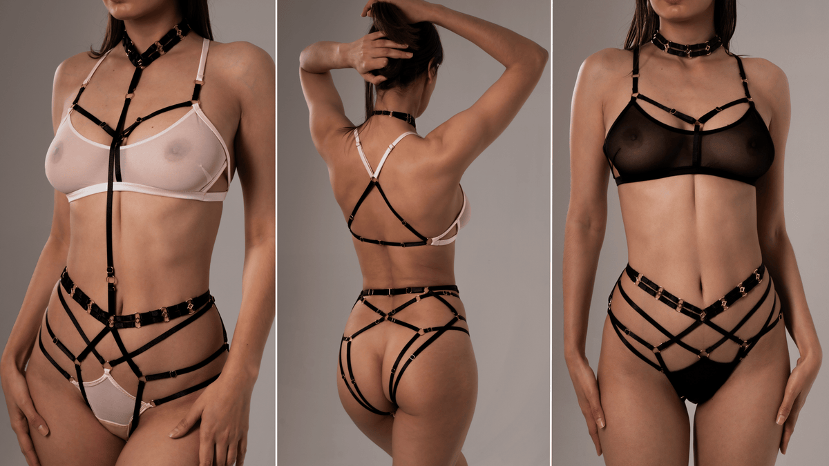 Three-panel studio photo of a model wearing strappy lingerie and harness-style underwear in black and sheer white, shown from front, back, and side views against a plain gray background.