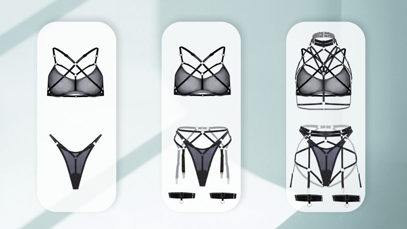 Set of black lingerie illustrations on white cards against a light blue background