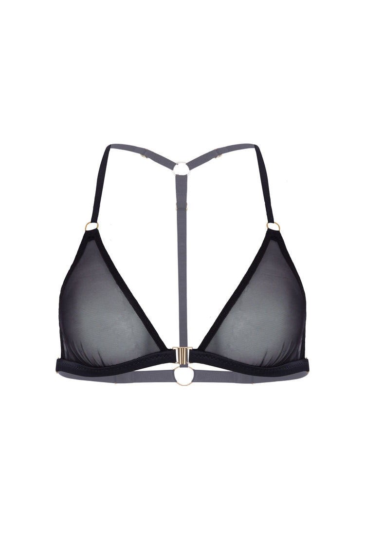 Vivi Leigh London bra Mesh Triangle Bralette | Black sexy harness luxury lingerie Black Luxury Sexy Triangle Bralette uk sustainable brand