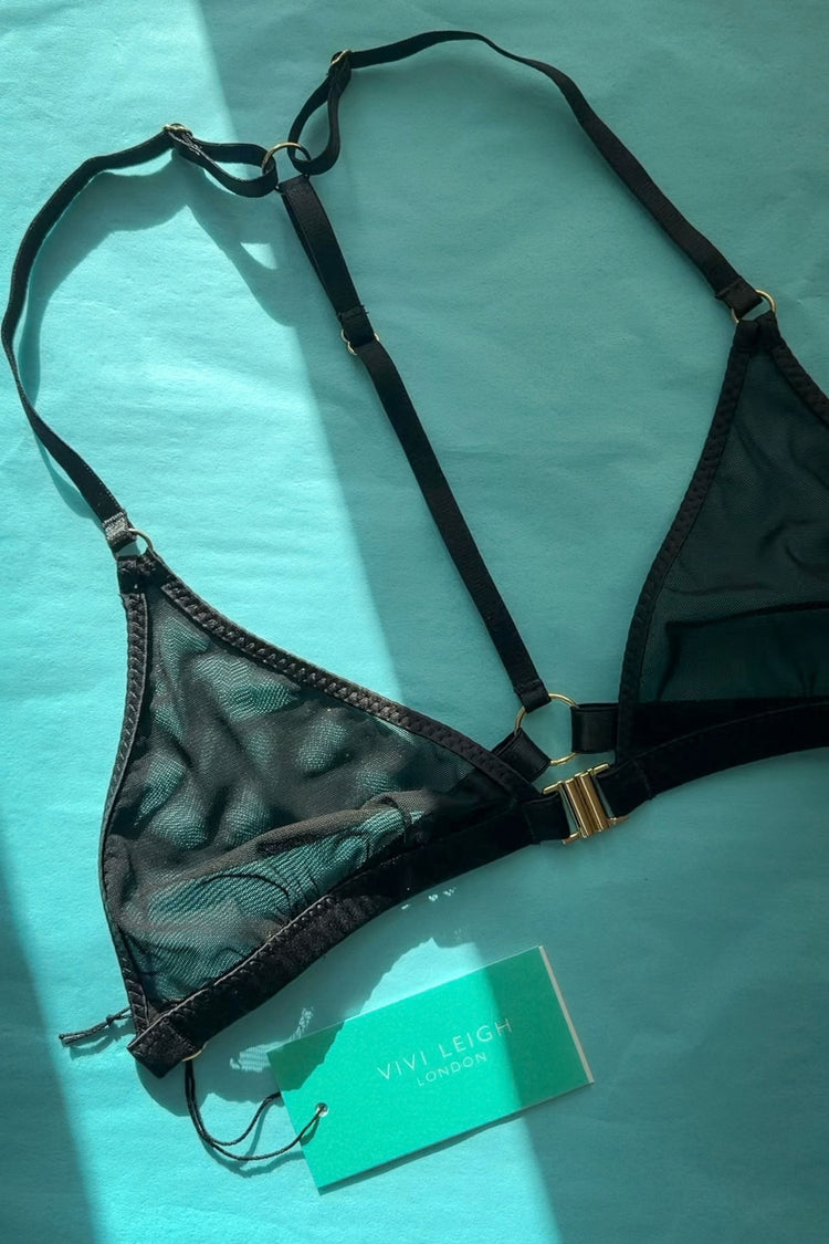 Vivi Leigh London bra Mesh Triangle Bralette | Black sexy harness luxury lingerie Black Luxury Sexy Triangle Bralette uk sustainable brand