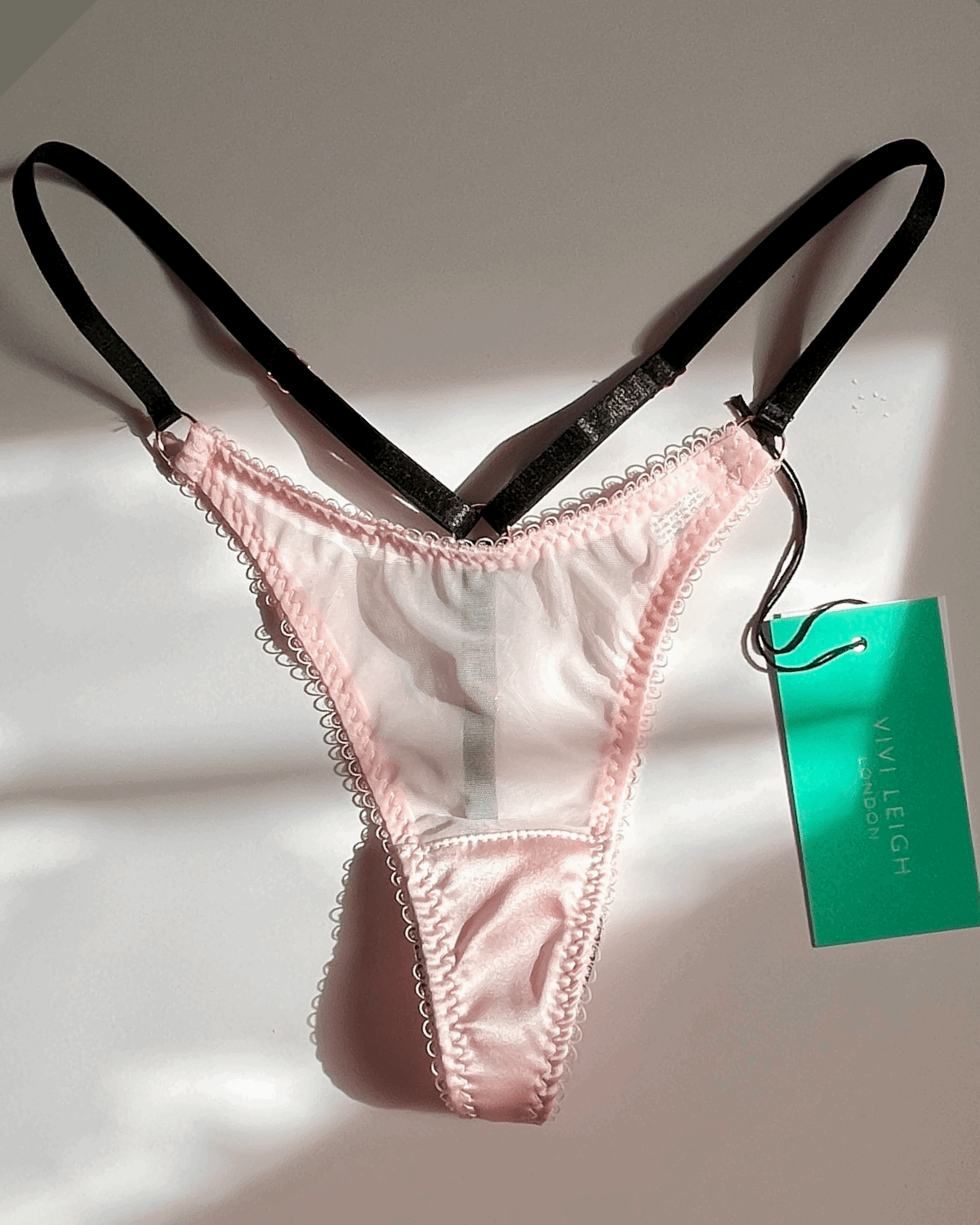 Vivi Leigh London lingerie Blush Pink Mesh Strappy Thong sexy harness luxury lingerie uk sustainable brand