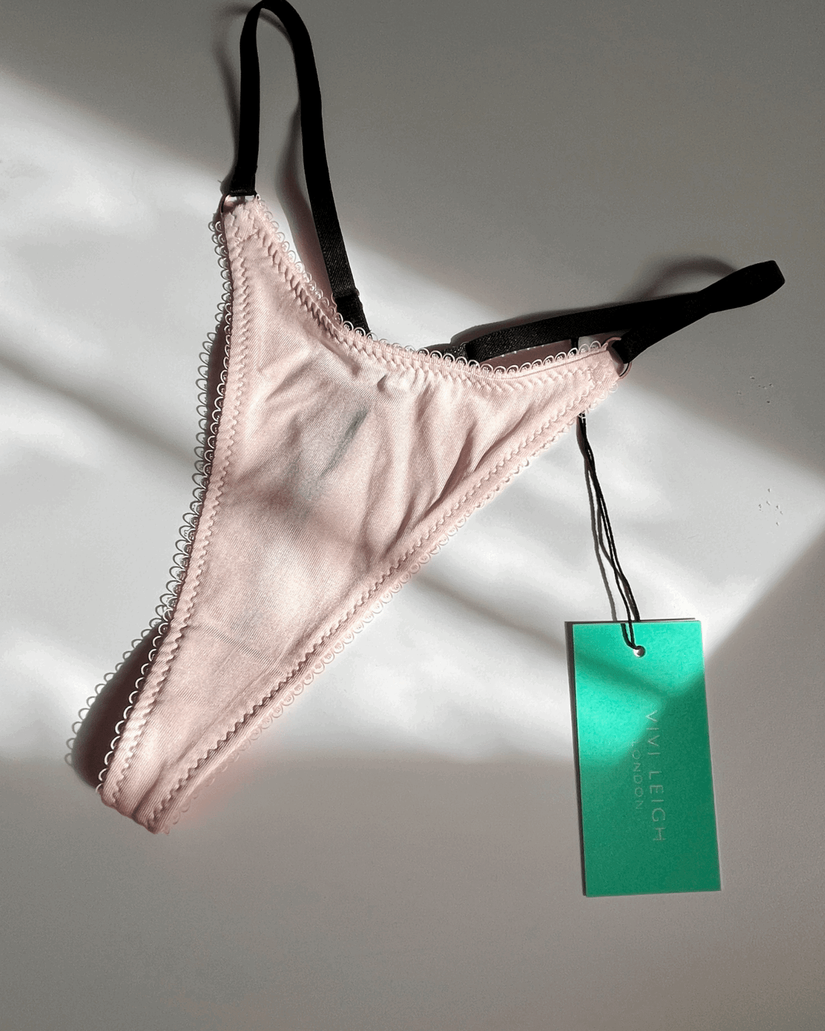 Vivi Leigh London lingerie Blush Pink Silk Jersey Thong sexy harness luxury lingerie Luxury Pink Silk Jersey Thong uk sustainable brand