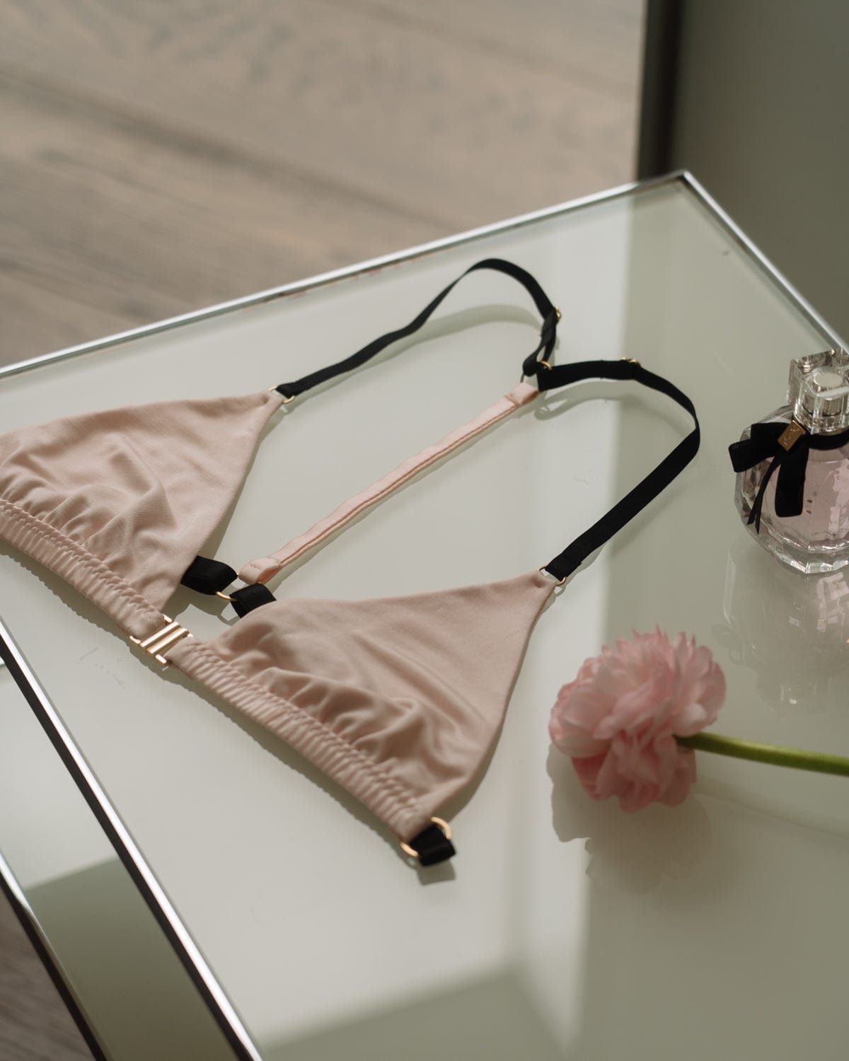 Vivi Leigh London lingerie Blush Pink Silk Jersey Triangle Bralette sexy harness luxury lingerie uk sustainable brand
