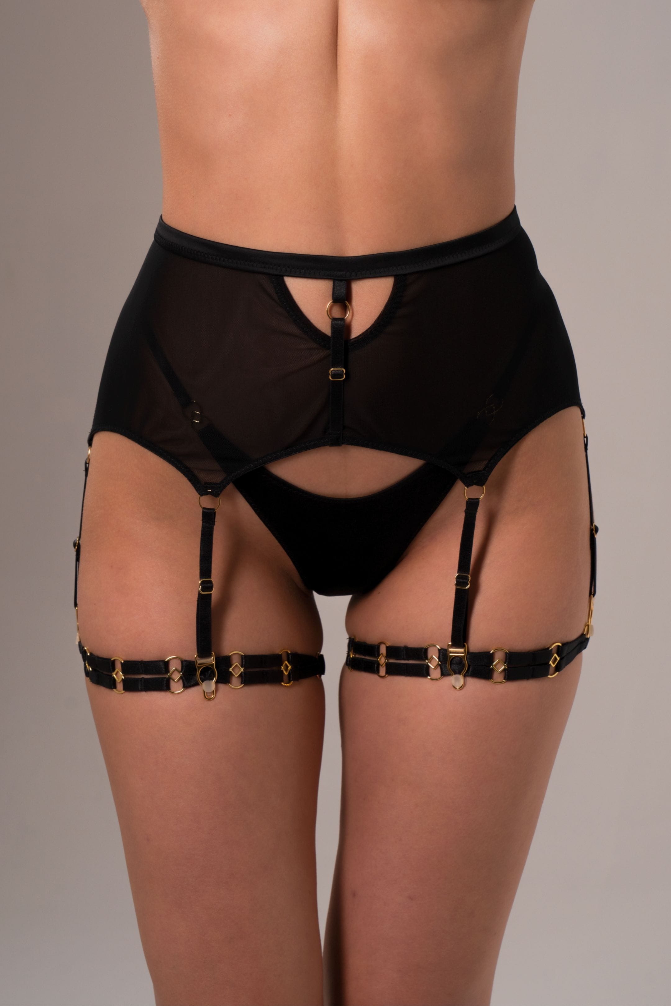 Vivi Leigh London lingerie High Waist Mesh Suspenders- Black sexy harness luxury lingerie High Waisted Mesh Suspender-Black uk sustainable brand