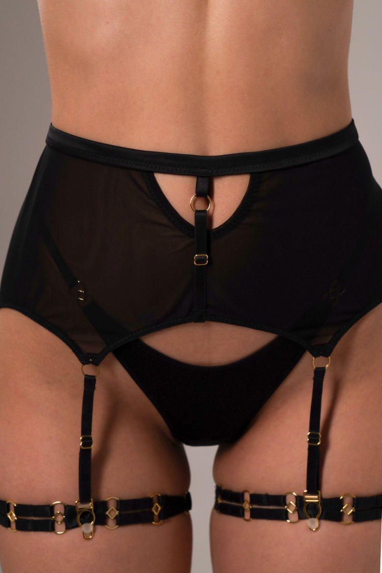 Vivi Leigh London lingerie High Waist Mesh Suspenders- Black sexy harness luxury lingerie High Waisted Mesh Suspender-Black uk sustainable brand