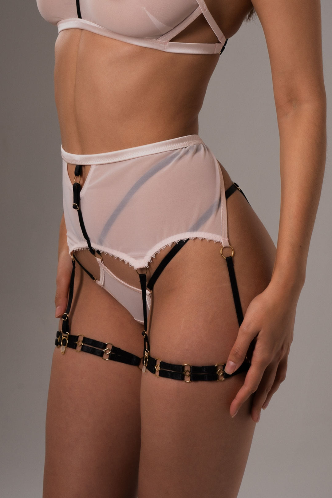 Vivi Leigh London lingerie High Waist Mesh Suspenders- Blush Pink sexy harness luxury lingerie High Waisted Mesh Suspender-Blush Pink uk sustainable brand