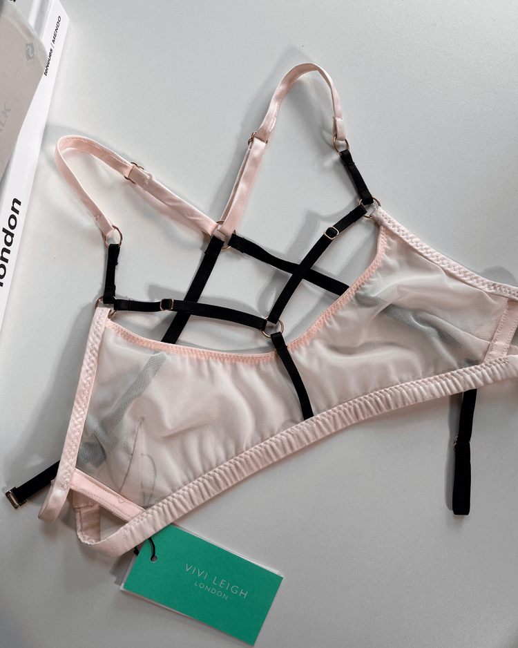 Vivi Leigh London lingerie Luxury Mesh Bralette-Blush Pink sexy harness luxury lingerie Blush Pink Luxury Mesh Sexy Bralette uk sustainable brand