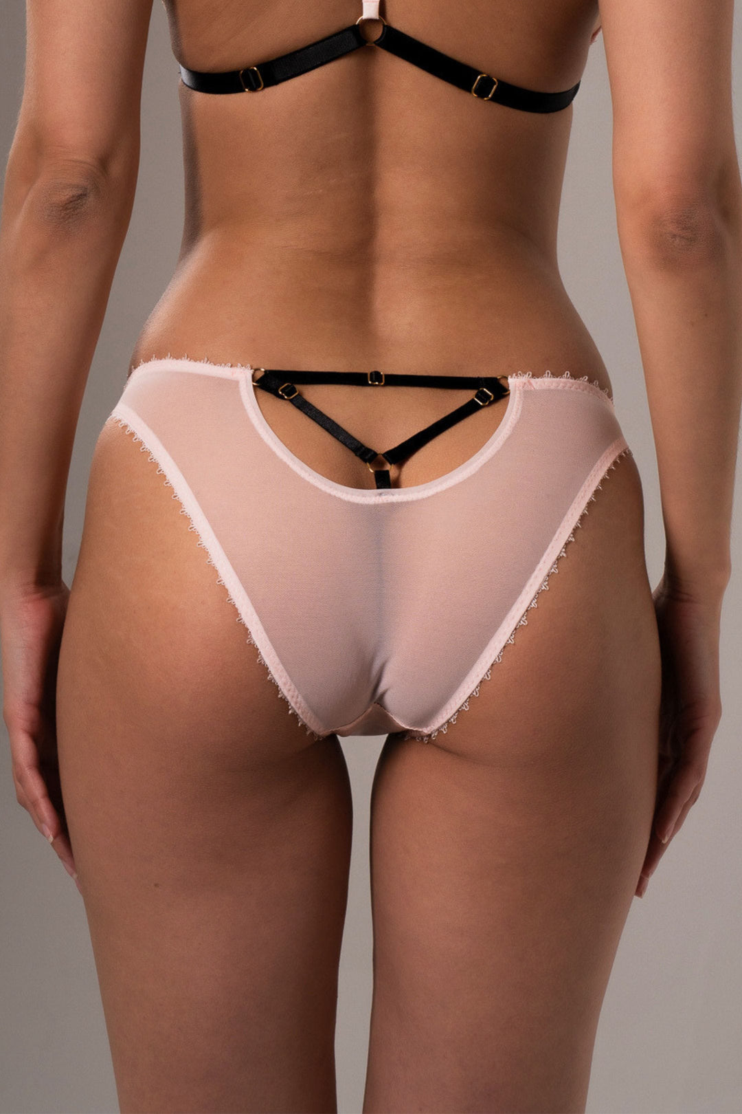 Vivi Leigh London lingerie Pure Silk Jersey/Mesh Cut-out Briefs | Blush Pink sexy harness luxury lingerie Pure Silk/Mesh Cut out Briefs uk sustainable brand
